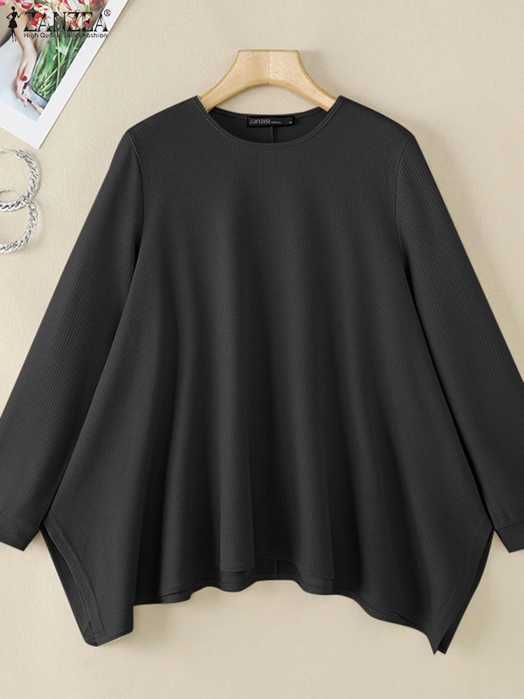 ZANZEA 2025 الخريف الحياكة تي شيرت المرأة كم طويل تيز بلون Blusas بلوزات فضفاضة غير رسمية غير النظامية هيم محبوك الستر