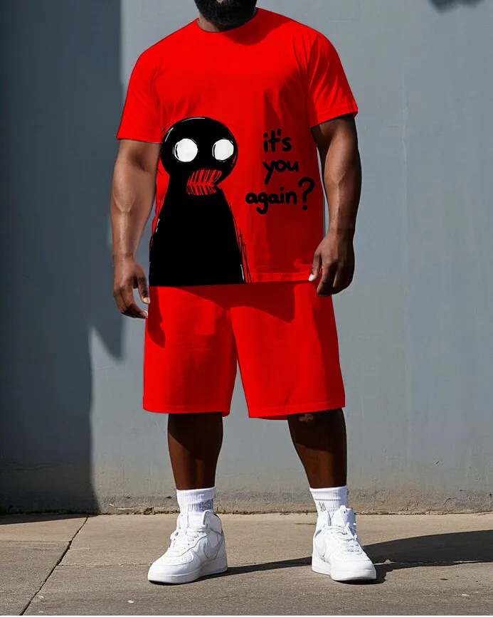 Men's Plus Size 2 Piece Horror Face Graphic T-Shirt and Shorts Set, Short Sleeve, Dark Casual Style for Summer Wear, S-9XL