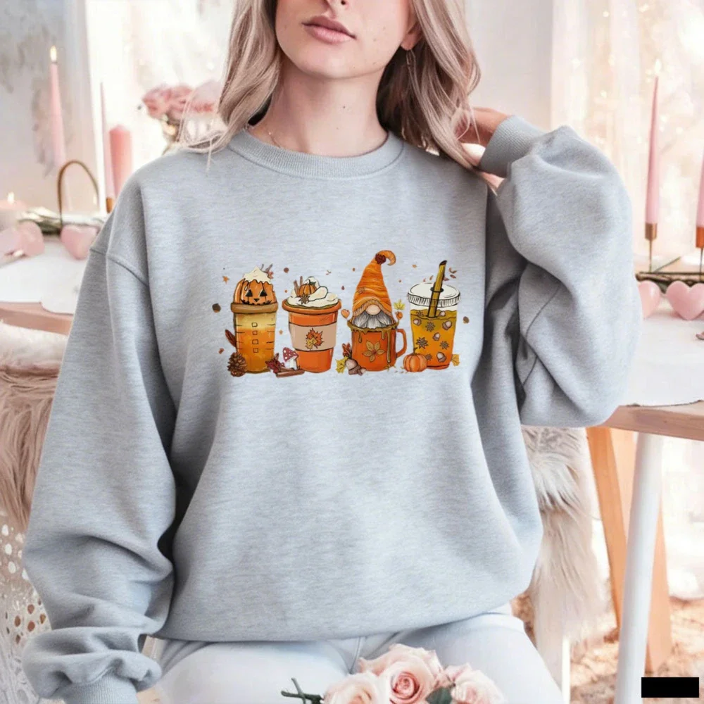Aesthetic Cozy Pink Gnome Coffee Sweatshirt Hoody Fall Pumpkin Spice Latte Autumn Leaves Graphic Pullover Women Unisex Retro Top view 5