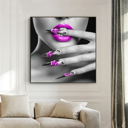 Elegant Lady Modern Poster Fashion Woman with Purple Lips and Nails Print Spa Bathroom Beauty Salon Wall Canvas Painting Decor
