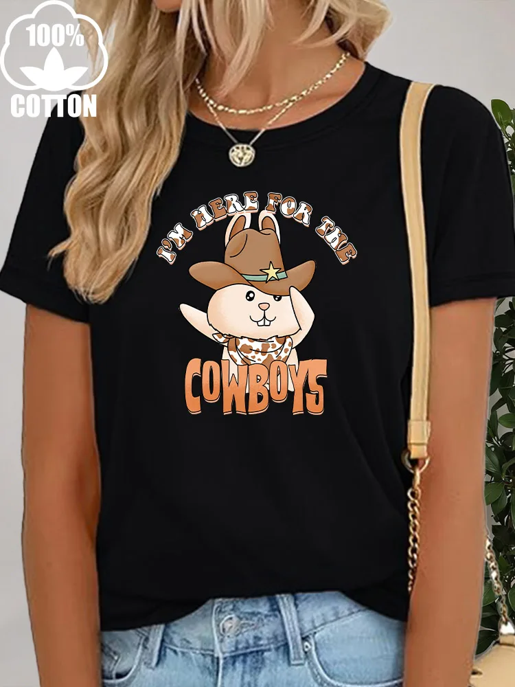 تي شيرت نسائي برسومات I'm Here for the Cowboys 100% قطن برقبة دائرية وأكمام قصيرة تي شيرت صيفي غير رسمي للارتداء اليومي