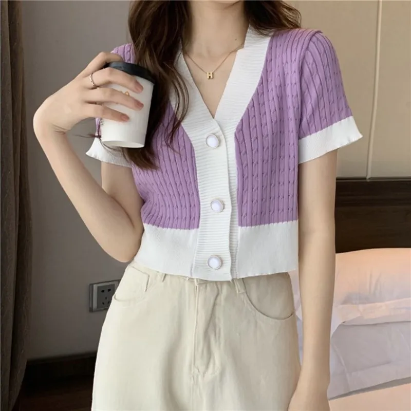 

Vne ort Sve Knit Tirt Women Summer Highwaist Casual Faion Tee-quarter Sve Velvet Color Blo Open Cardigan