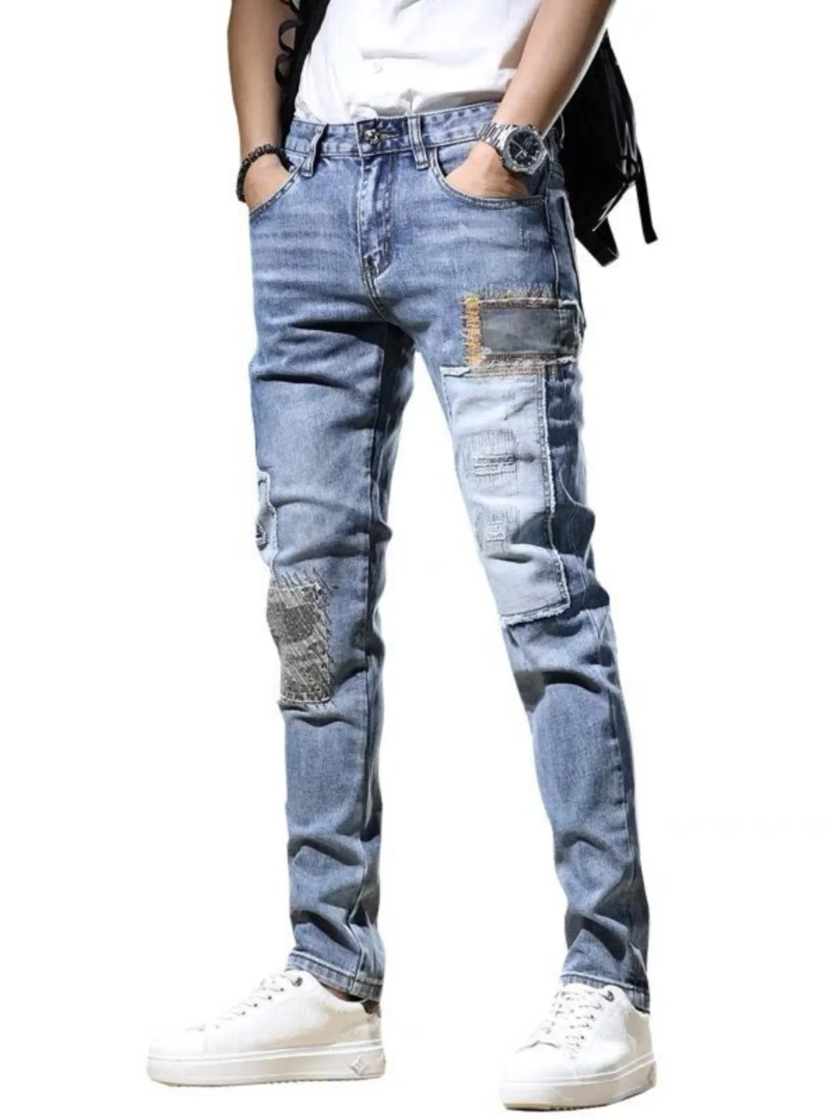 Primavera 2025 Faion Jeans da uomo elastici Patchwork Riparazione Pantaloni in denim slim fit Pantaloni lunghi casual da gioventù Cerniera a vita media