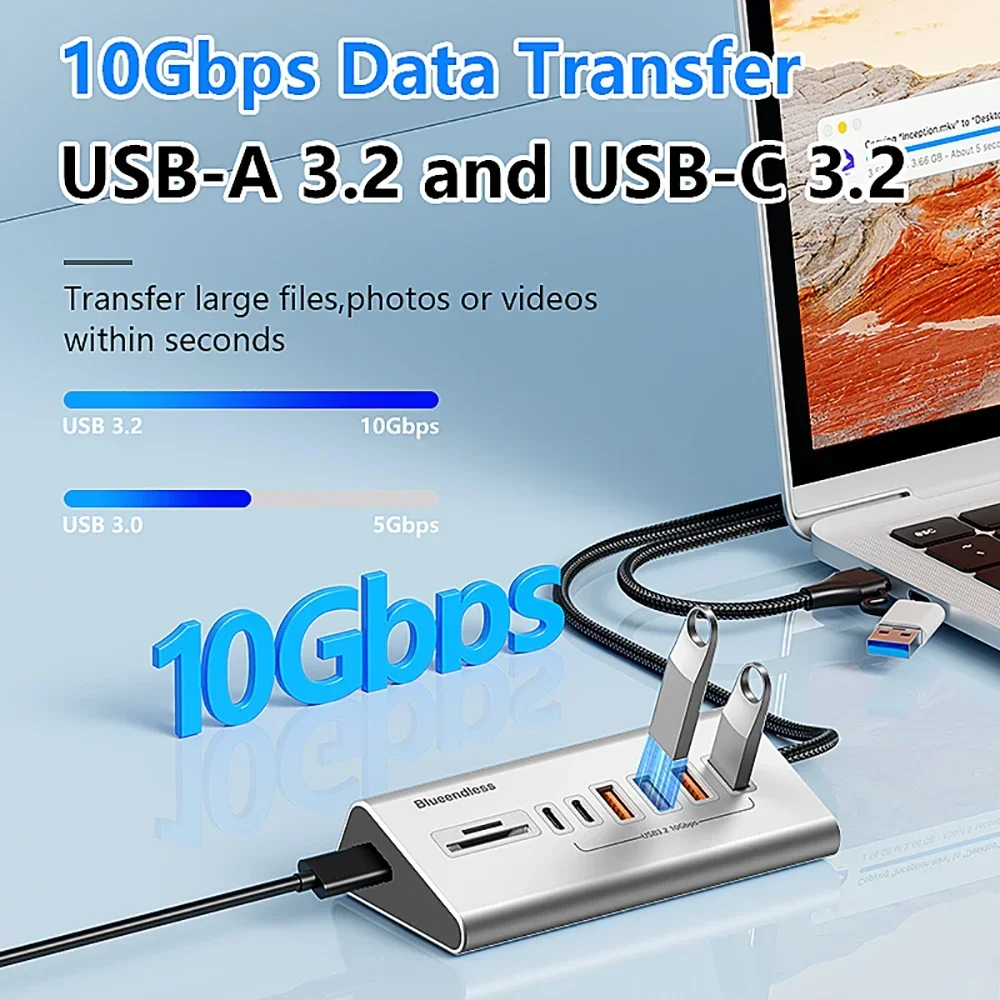 10Gbps USB 3.2 محطة إرساء USB Hub نوع C الفاصل مع قارئ بطاقات سبائك الألومنيوم متعدد 8/9 منافذ التبديل للكمبيوتر المحمول #4