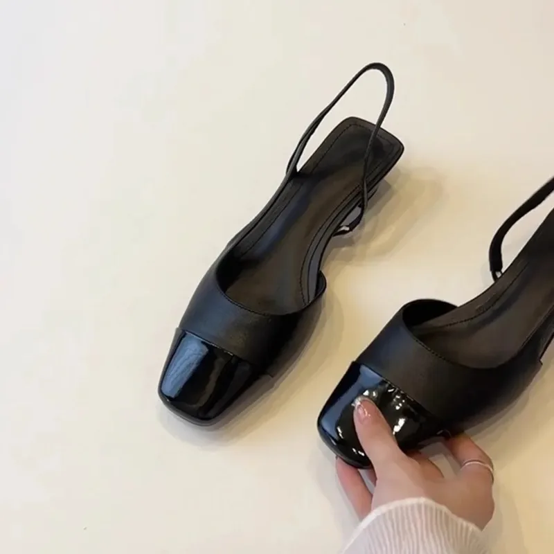 نسخة جلدية ~ صنادل ركاب سوداء فرنسية بكعب منخفض أحذية نسائية غير رسمية برأس مربع من الخلف أحذية جلدية فارغة بمقدمة مفتوحة