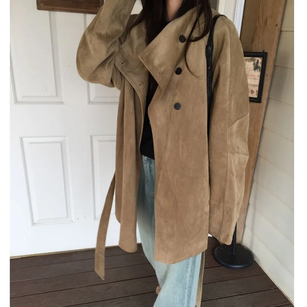 Women's Casual Long Coat Vintage Loose Fit Stand Collar Mid-Length Deer Suede Velvet Windbreaker Versatile Autumn Winter Oute...