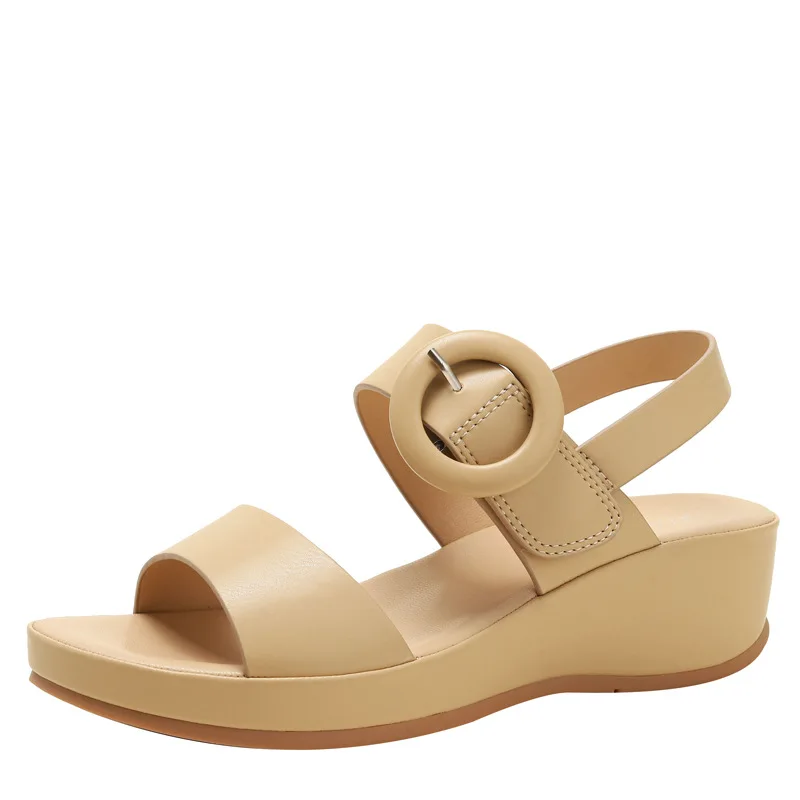 Женские летние сандалии на среднем каблуке с толстой подошвой, воздухопроницаемые дизайнерские сандалии с открытым носком, однотонные сандалии на танкетке