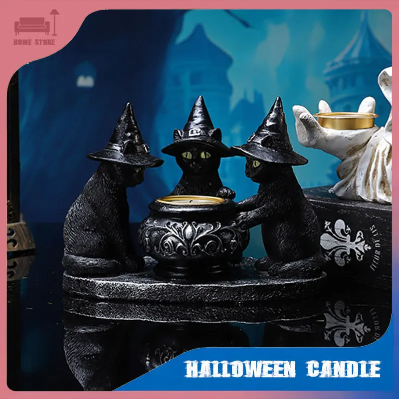 حامل ديكور على سطح الطاولة على شكل شمعة الهالوين مع قبعة ساحرة وزخرفة على شكل قطة مرجل Tealight تمثال للمنزل والحفلات والديكور المنزلي