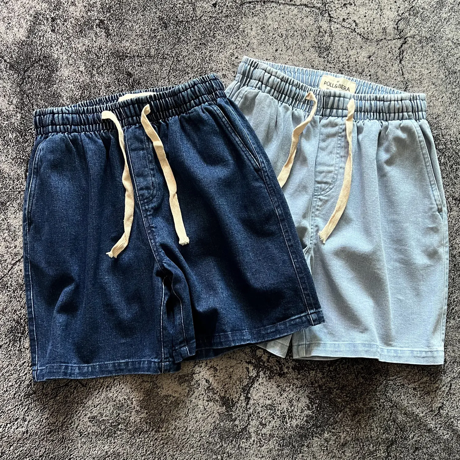 

American Retro Bad Boy Streetwear Hong Kong Style Elastic Waist Drawstring 3" Loose Wide-Leg Denim Shorts for Men Summer Trendy