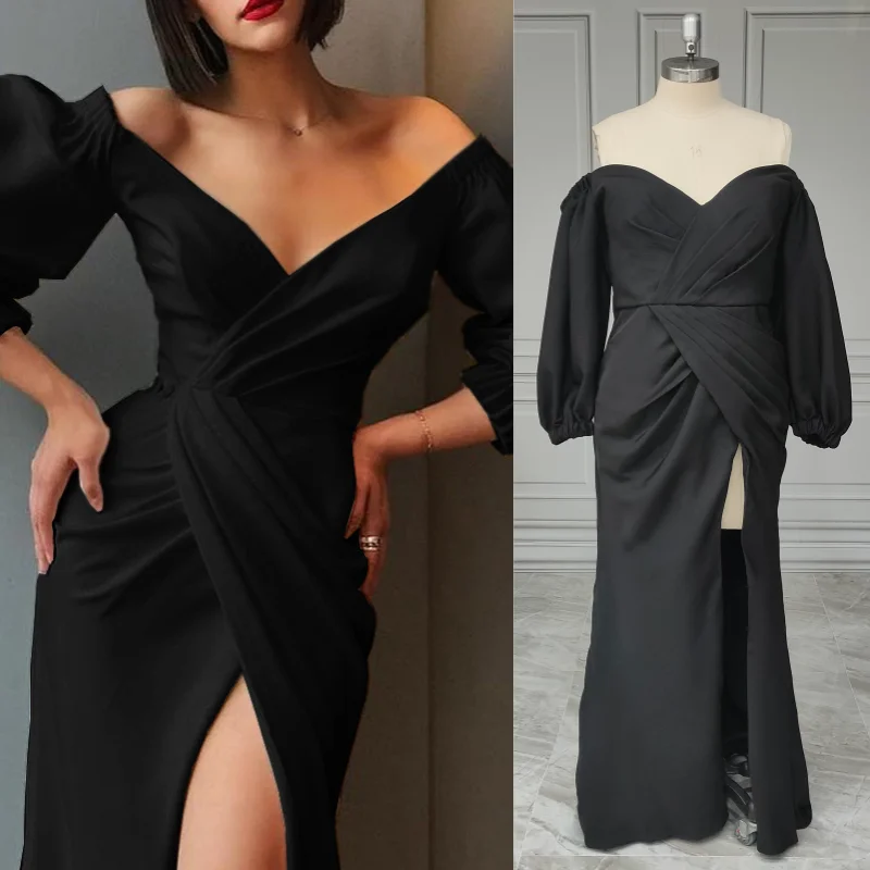 15422# Black Simple Puffy Sleeves V-neck Sheath Soft Satin Wedding Dress Bridal Gown High Slit Bridal Dress Customzied