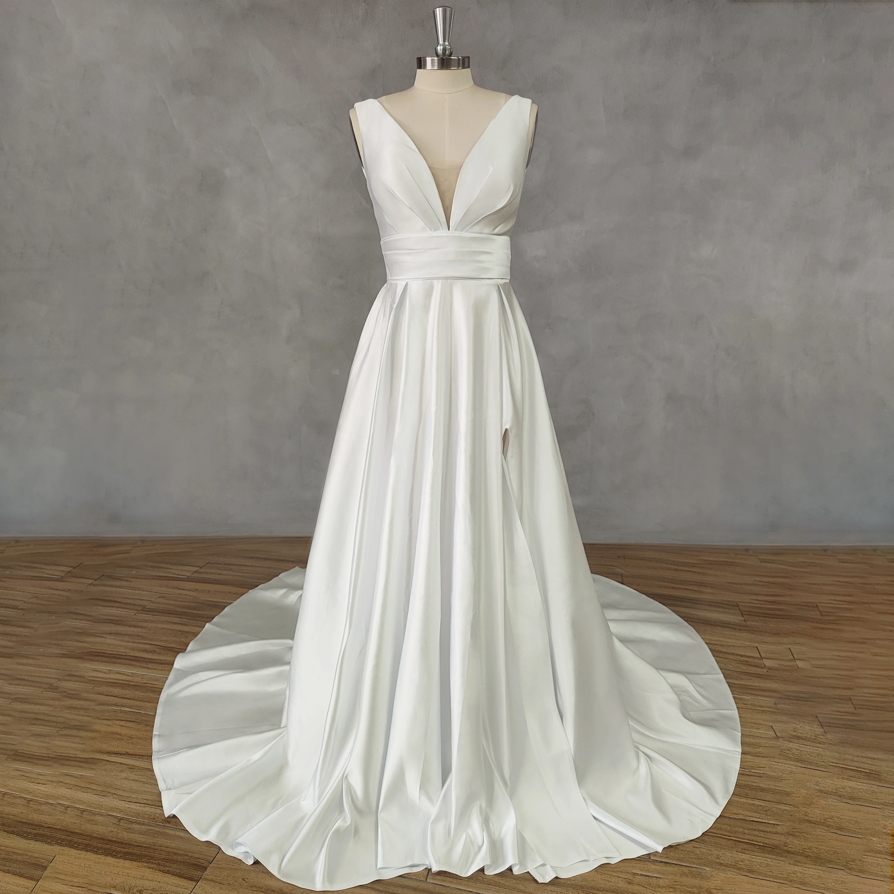 

DIDEYTTAWL Real Picture Simple V-Neck Satin A-Line Tulle Wedding Dress Open Back High Side Slit Court Train Bridal Gown