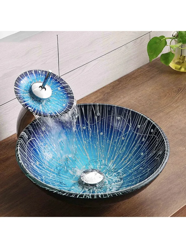42cm Round Bowl Basin Hotel Countertop Washbasin Set Sky Blue Tassel Pattern Tempered Glass Vessel Sink