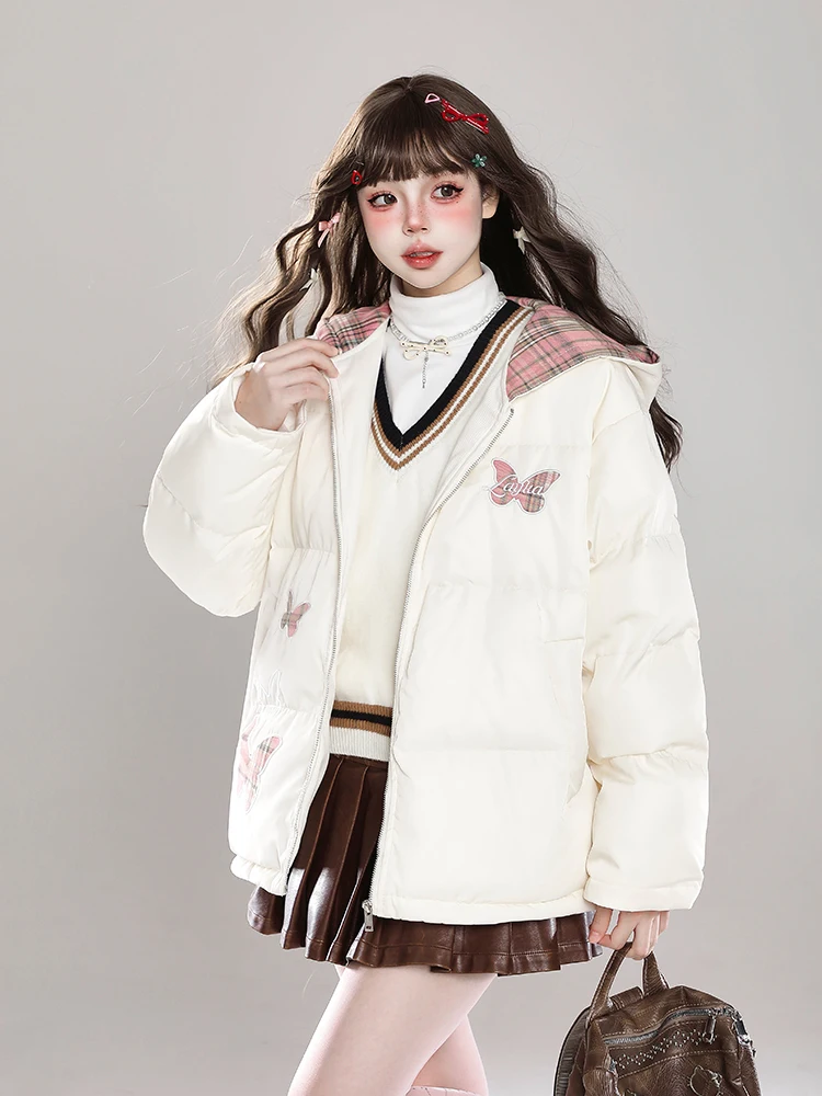 Sweet Cute Embroidered Butterfly Plaid Cotton Padded Coats Overcoats Loose Casual Zipper Hooded Thickened Warm Winter Jackets