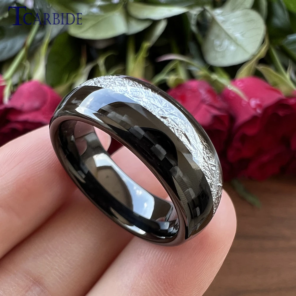 8MM Men Women Tungsten Wedding Band With White Meteorite And Black Carbon Fiber Inlay Trendy Gift Jewelry Comfort Fit