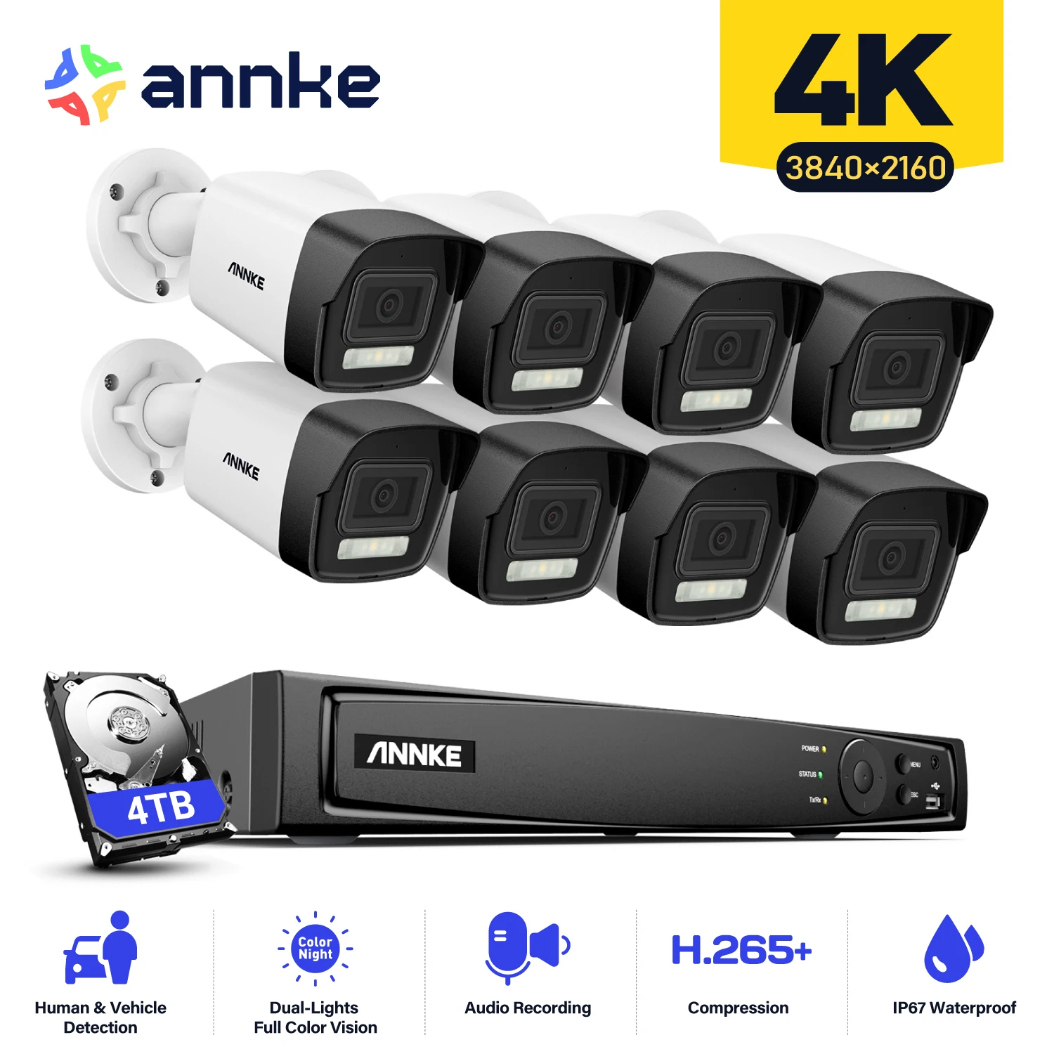 ANNKE 16CH 4K Ultra HD POE Network Video Security System 8MP H.265 NVR With 8pcs 8MP EXIR Night Vision IP67 Bullet IP Camera