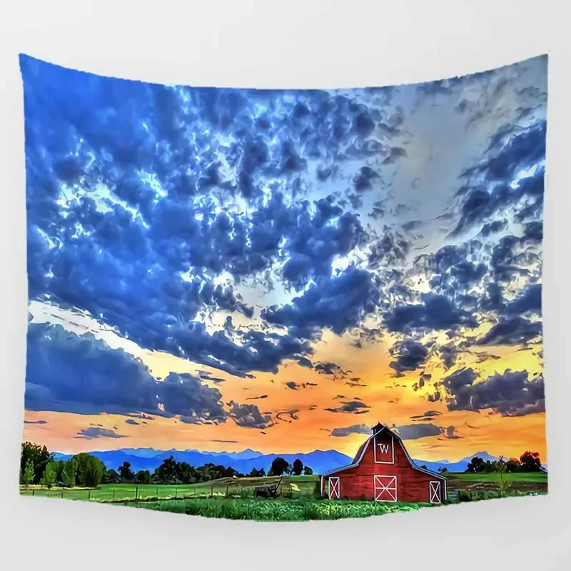 Sunset Mountains Tapestry Nature Landscape Tapestry Meadow Chalet Tapestry Wall Hanging Decor for Bedroom Living Room Dorm