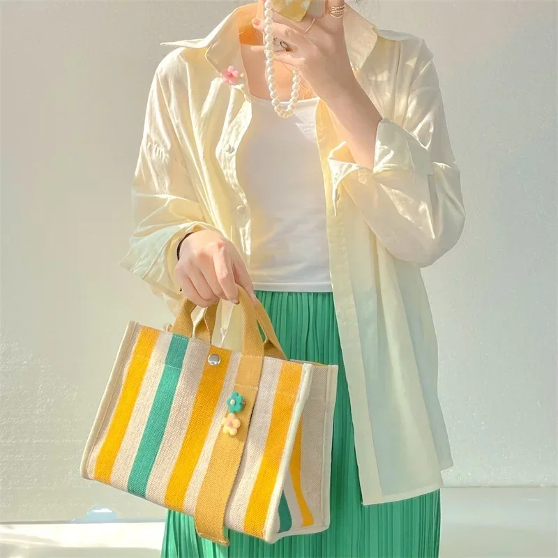 Rainbow Stripe Cotton Linen Canvas Bag Women Waterproof 2025 New Single Shoulder Crossbody Tote Large Bag Portable Commuting