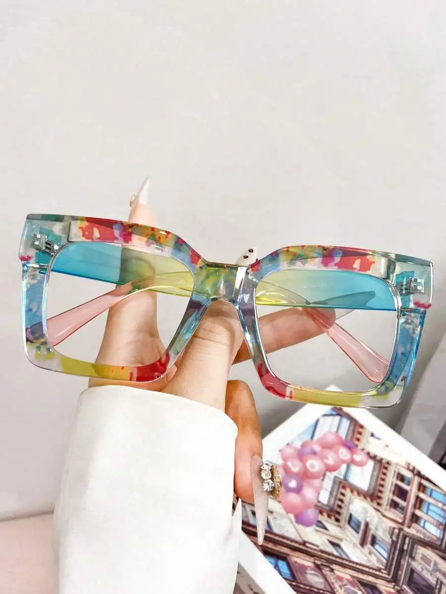 New Vintage Colorful Floral Print TR Large Frame Non-Prescription Glasses, Stylish Fashion Streetwear Lovers Outdoor