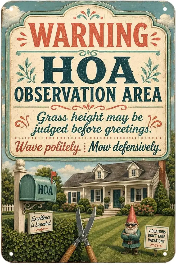 Funny Warning HOA Observation Area Tin Sign Homeowners Association Rules Decor Vintage Metal Signs Retro Style Wall Sign for Bar
