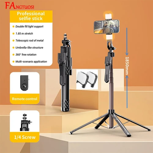 Imagen 1 del producto FANGTUOSI Estabilizador de rotación 360 de 185 cm de largo, trípode Selfie Stick para cámara de teléfono inteligente con obturador Bluetooth para vídeo en vivo