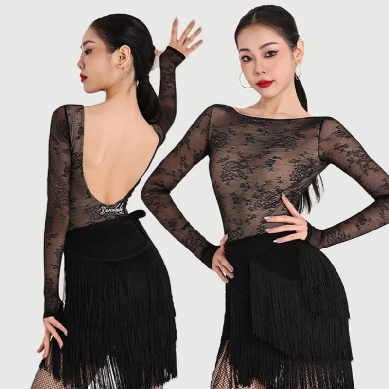 

New Latin dance costume set for women sexy backless long sleeved top+tassel short skirt 2pcs girls' Latin practice outfit