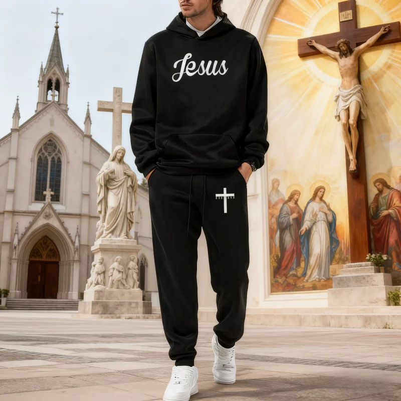 

Stylish Comfortable Men's Thermal Set – Hoodie & Pants with Jesus Cross Print, High Quality Casual Set for Everyday Sports