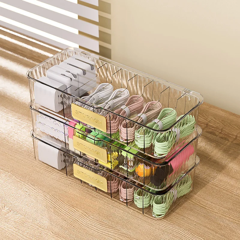 Transparent Charger Organizer Box, Desktop Cable Management Kit with Cable Marker Labels & Hook and Loop Straps
