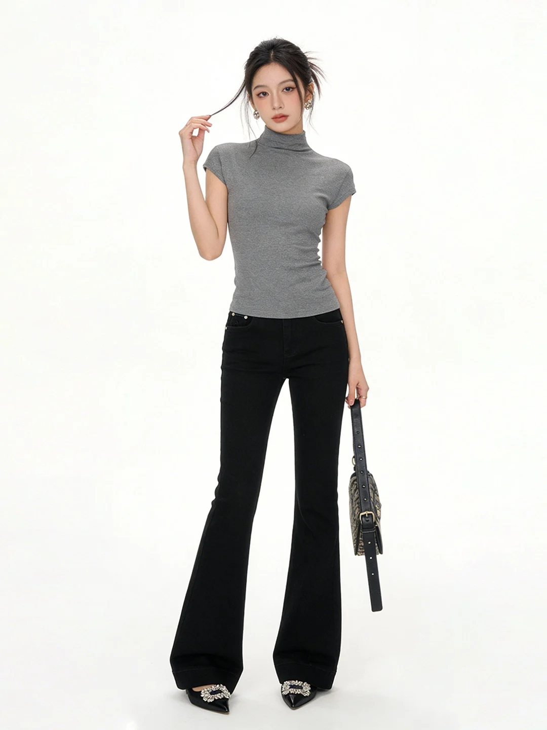 

Retro Bla Slimming High Waist Bell Bot Jeans Korean Sle Emed Design Spring New Arrival Ladies Jeans