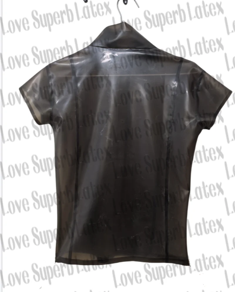 قميص نسائي من اللاتكس الأسود/الأحمر الشفاف الطبيعي بأكمام قصيرة مع زر أمامي قميص مطاطي ضيق مناسب