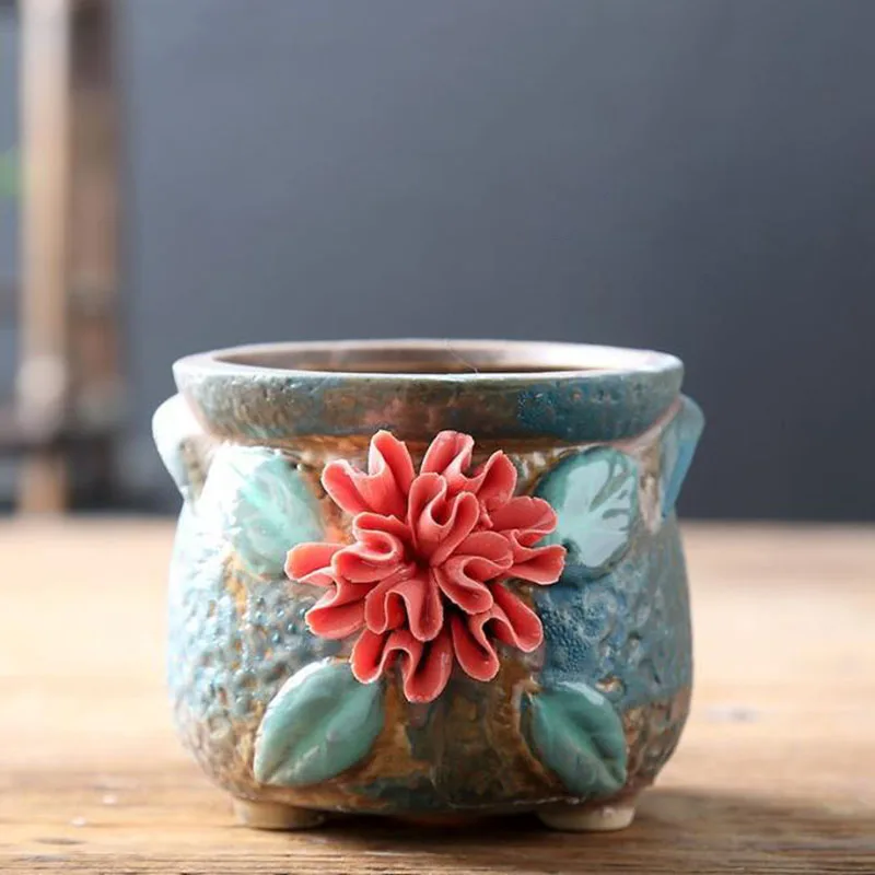 Coarse Pottery Relief Flower Ball Bonsai Pot Succulent Plant Pot Vase Breathable Flowerpot Desktop Ornaments Home Decoration