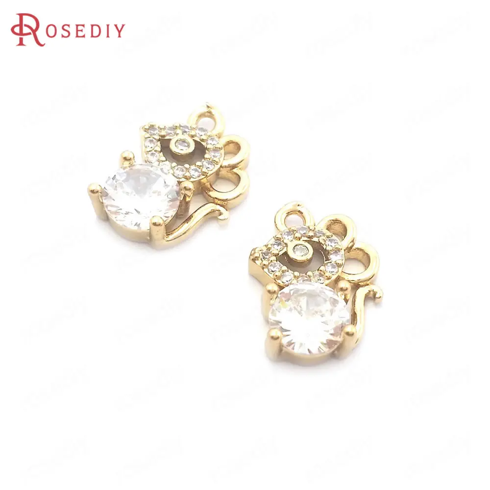 6PCS 18K Gold Color Brass and Zircon and Glass Mouse Charms Pendants High Quality Jewelry Making Necklace Earrings Accessories