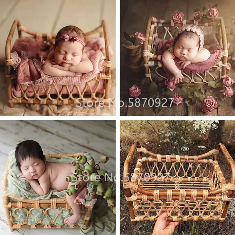 Newborn Photography Props Retro Rattan Basket Chair Infant Photo Recien Baby Girl Boy Posing Bed Background Photography Accessor