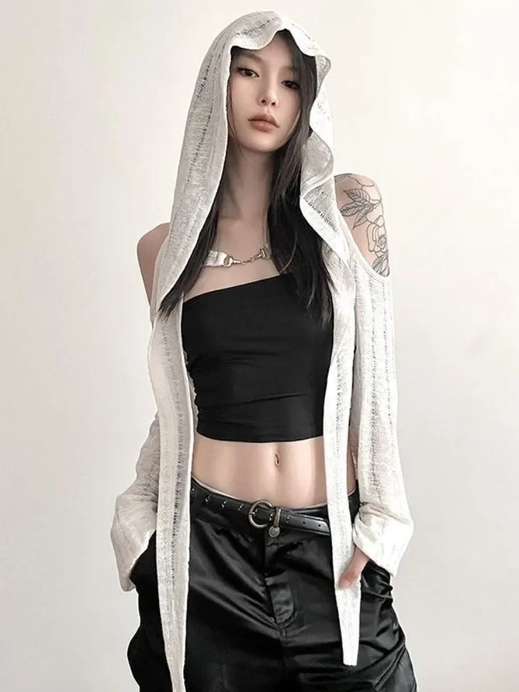 Y2k estética feminina sexy malha com capuz colheita camiseta vintage oco para fora streetwear grunge tshirts harajuku bandagem t femme