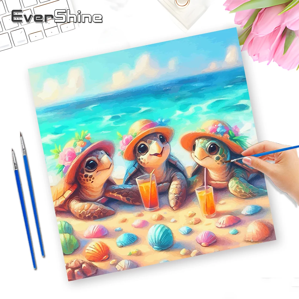 Evershine Bilder nach Zahlen, Meeresschildkröte, Zeichnung auf Leinwand, Malen, Tierkunst, Muschelzeichnung, Heim- und Schlafzimmer-Wandkunst