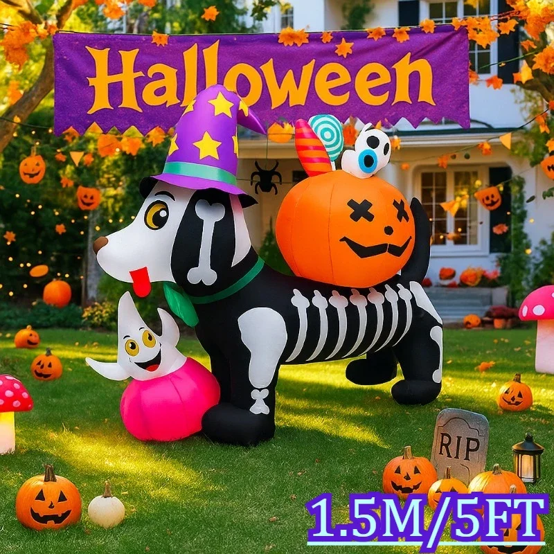 5ft halloween feriado iluminação esqueleto cão com decorações de abóbora led light up explodir modelo pátio gramado fora decoração