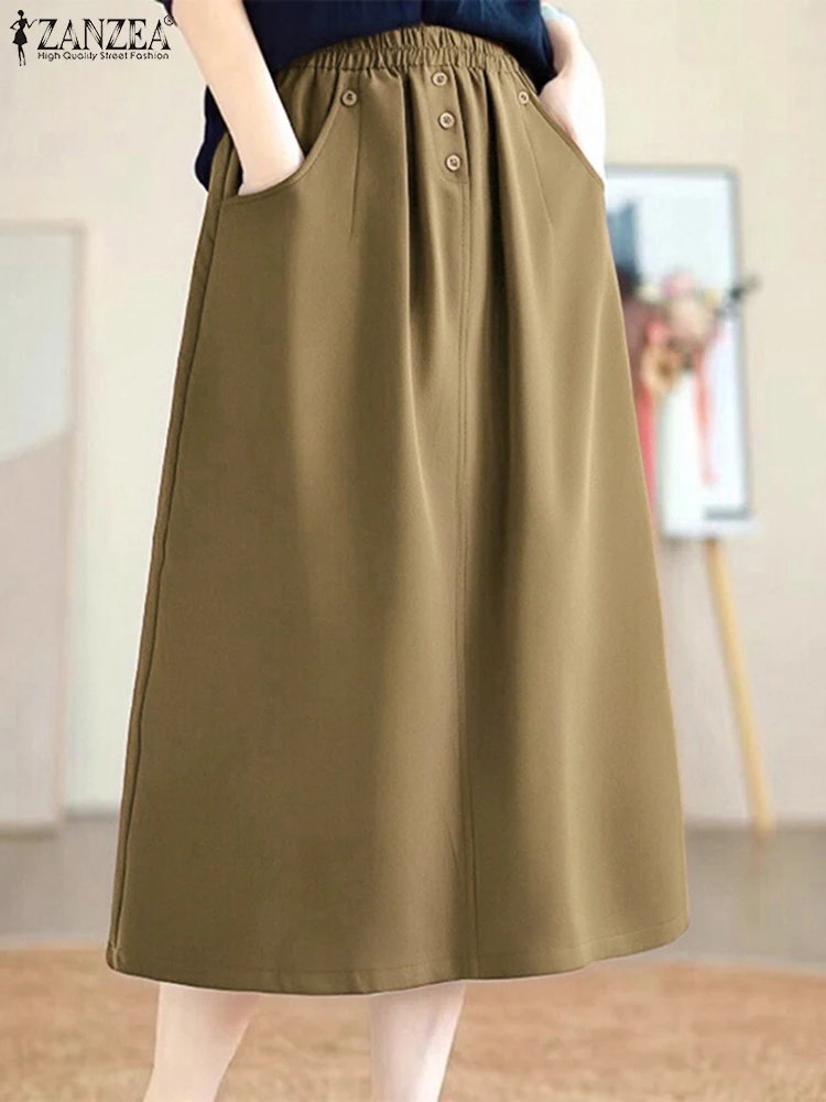 ZANZEA Moda Jesień Damskie Długie Spódnice Eleganckie Biurowe Faldas Saia Jupes Kieszenie Jednolite Casual Luźne Elastyczna Talia Midi Spódnice