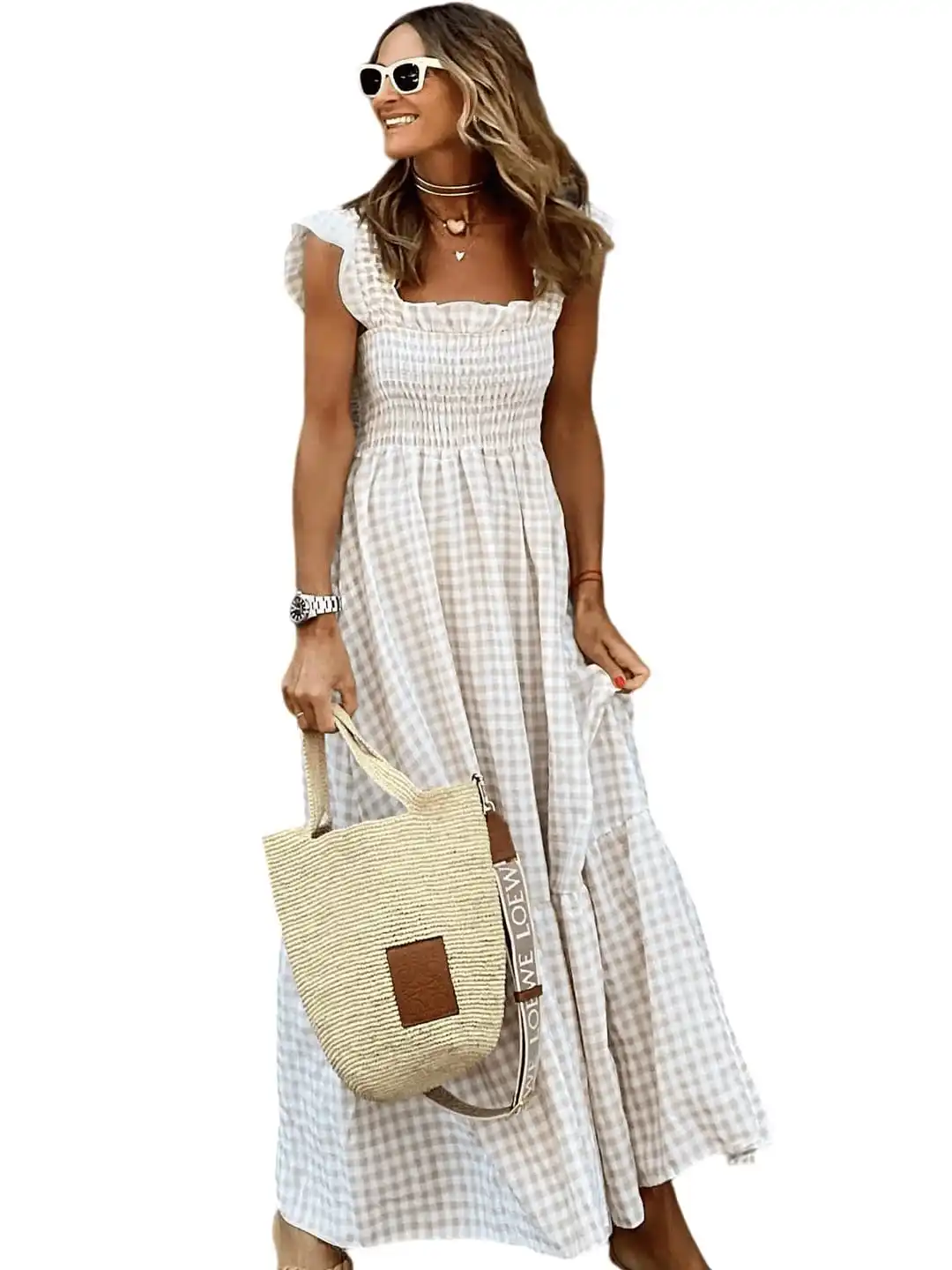 Vêtements d'été pour femmes, Vintage, Plaid froncé, à volants, fines bretelles, robe longue à volants