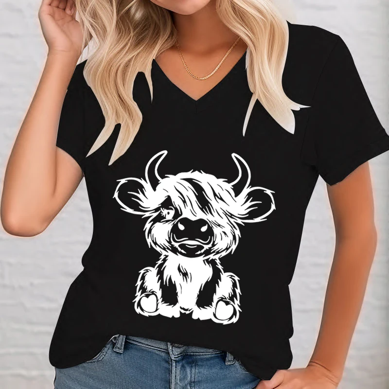 Cows Graphic T Shirts Women Cute Animal Lovers Tops V-neck Cute Highland Cow T-shirt Female Short Sleeve Tee Summer Casual Tops