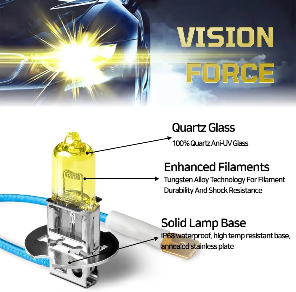 لمبة المصباح الهالوجين H3، 3000K 55W لمبة ضوء الضباب/القيادة باللون الأصفر الساطع (عبوة من قطعتين) #3
