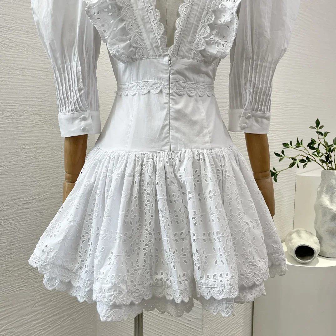 Cotton 2024 New Summer Holiday Design White Embroidery Hollow Out Half Sleeve Ruffles Deep V-neck Backless Mini Dress