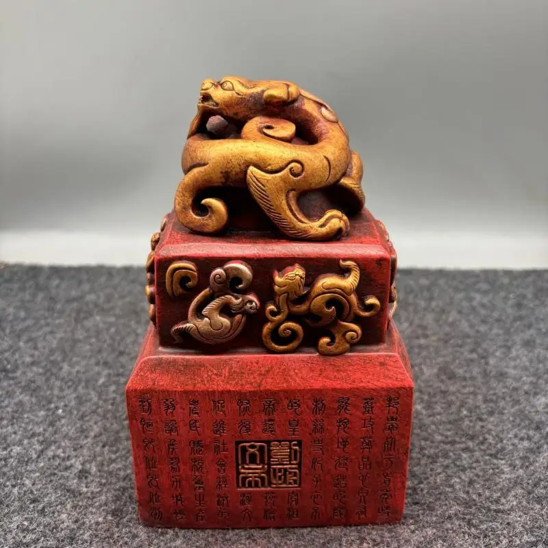 Resin Dragon Knob Imperial Seal Chinese Cinnabar Red Gilt Chop Stamp Traditional Collectible Desk Decor Gift