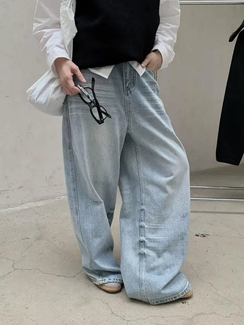 

Washed Wide Leg Denim Jeans Women's High Street Style Fall Design Sense Cuffed Ankle-Length Pants