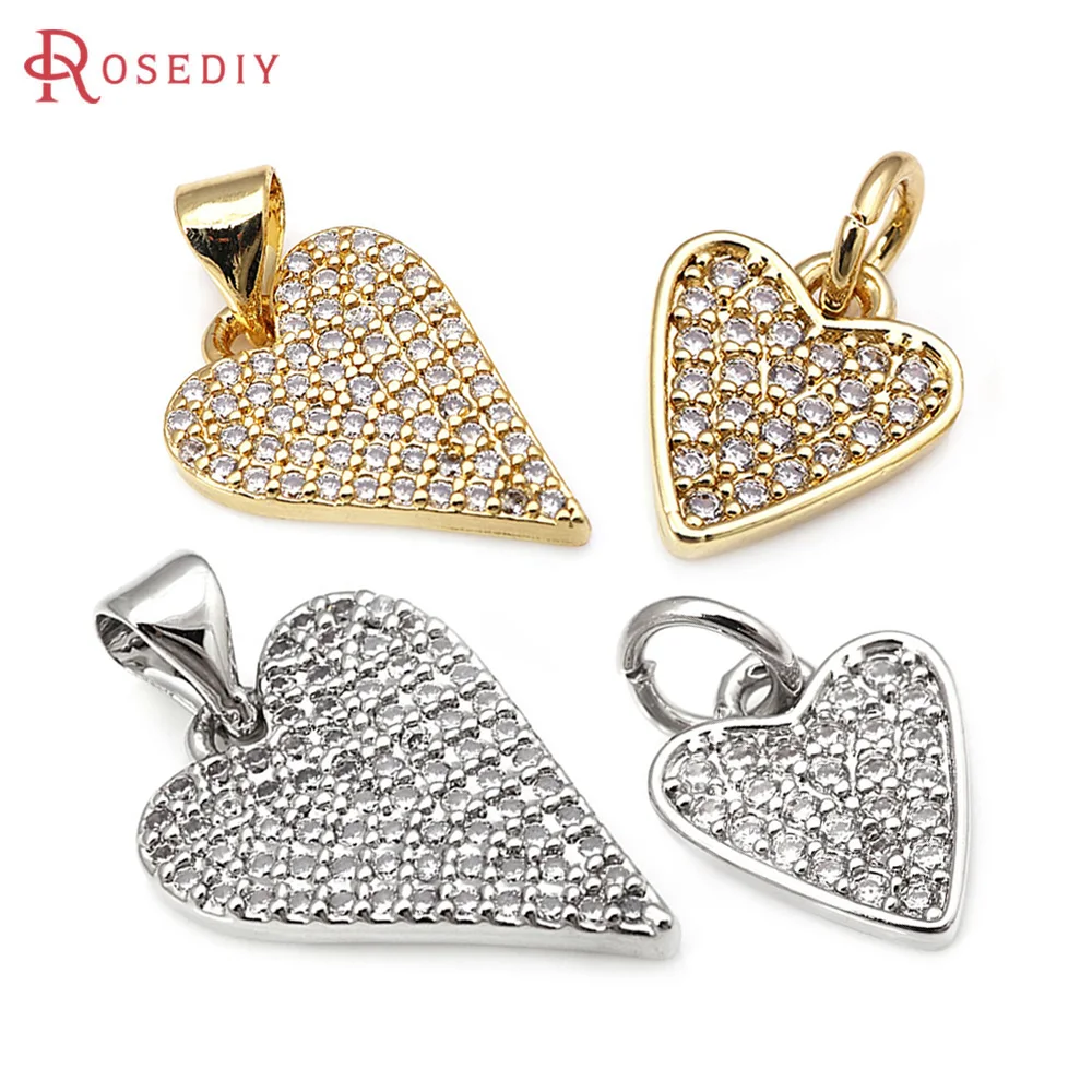 18K Gold Color 10.5x9MM Brass Zircon Heart Charms Pendants High Quality Necklace Earrings Jewelry Accessories Materials