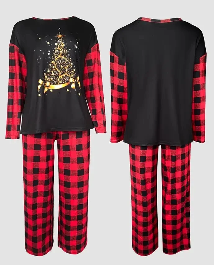 

2 Piece Outfit Christmas Tree Print Plaid Print Spliced Long Sleeve Top & Plaid Print Elastic Waist Pants Set Casual Pajamas Set