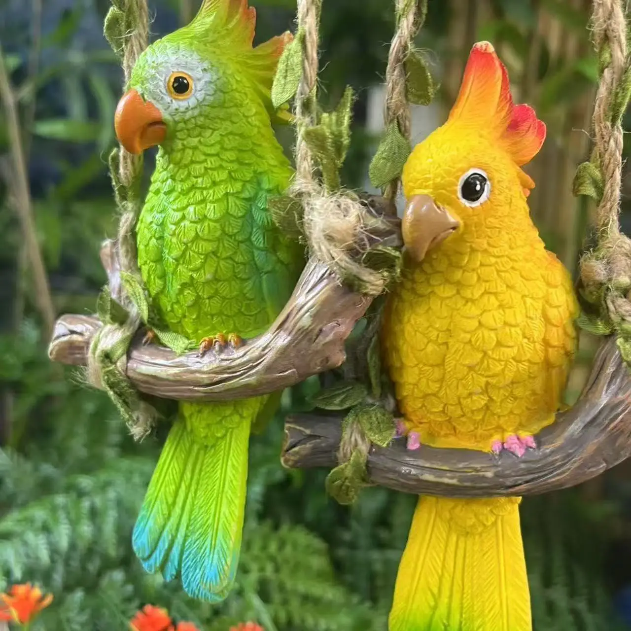 2Pc Resin Bird Statue Decor Cute Parrot Sculpture Home Decor,Outdoor Indoor Figurine Ornaments