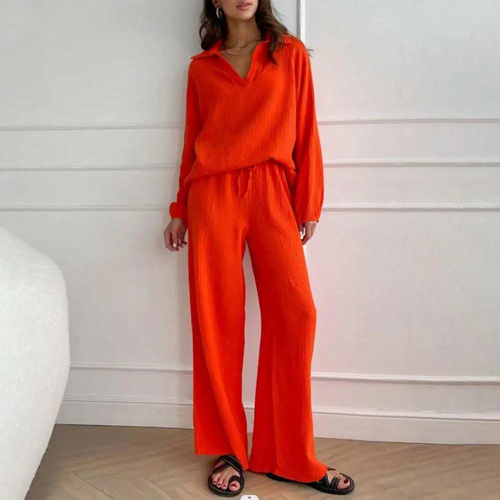 Polyester Fiber Suit Stylish Women's Two-piece Set Lapel Collar V Neckline Tops Loose Wide Leg Pants for Spring/autumn Leisure