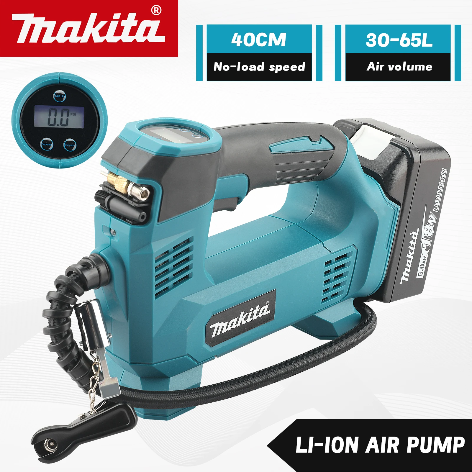 

Беспроводной воздушный насос Makita 18В с бесщеточным двигателем, 130 фунтов/кв. дюйм (830 кПа), объемный цифровой дисплей, светодиодная подсветка для накачивания шин автомобилей, велосипедов и мячей