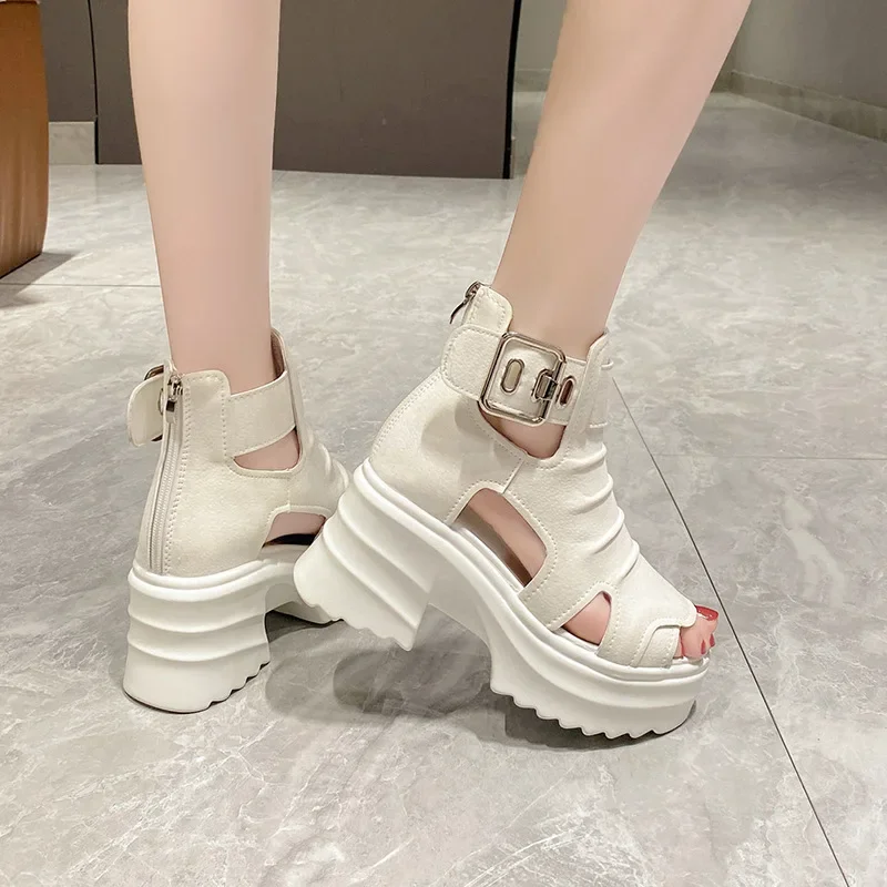 Platform Sandalias Female Hollow Fashion Sandals Boots Fish Mouth High Help Heel Summer Casual2024 Versatile Black Zapatos Mujer