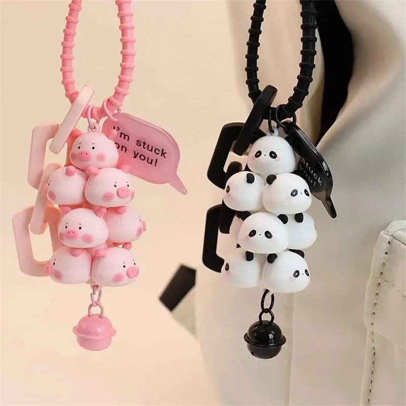 Kawaii Stacked Cartoon Pig Keychains Bell Creative Student Couple Backpack Hanging Decoration Mobile Phone Case Strap Pendants