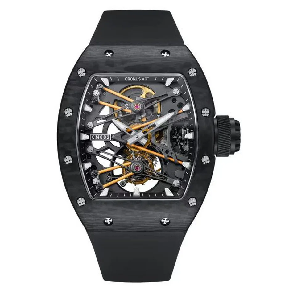 CRONUSART Men Tourbillon Watch 50mm*42mm Tonneau Mechanical Wristwatch Carbon Fiber Case Luminous Fluororubber Strap Skeleton